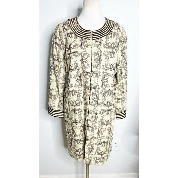 Vtg Victor‎ Costa Brown  Embroidered Beaded 100% Linen Coat Jacket Size XL - Picture 1 of 5